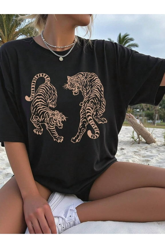 Vintage Tiger Print T-Shirt,Women's Loose Fit Crew Neck Short Sleeve Casual Tiger Design Shirt Graphic Tees Women Tops