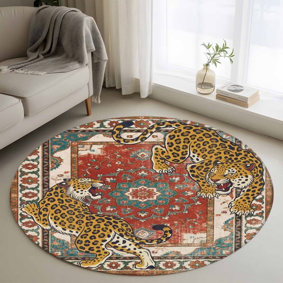 Vintage Tiger Round Rugs for Living Room 3ft Wild Animal Traditional Ethnic Orange Red Flower Non Slip Circle Rug Washable Low-Profile Indoor Carpet for Bedroom, Dining Room, Bathroom