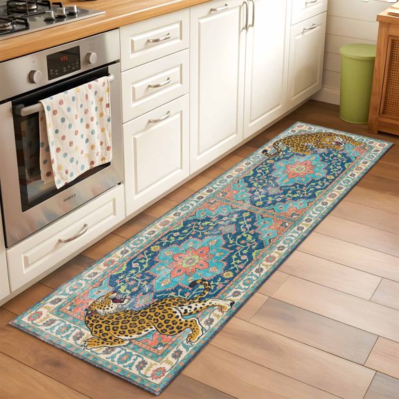 Vintage Tiger Runner Rug for Hallway 2x6ft, Wild Animal Traditional Ethnic Teal Blue Flower Non Slip Floor Mat Washable Low-Profile Indoor Carpet for Living Room, Bedroom, Dining Room