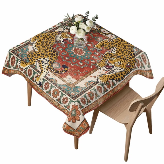Vintage Tiger Square Tablecloth Wild Animal Traditional Ethnic Orange Red Flower Waterproof Wrinkle Free Soft Table Cloth Spill-Proof Washable Table Cover for Dining Party Picnic 54 x 54 Inch