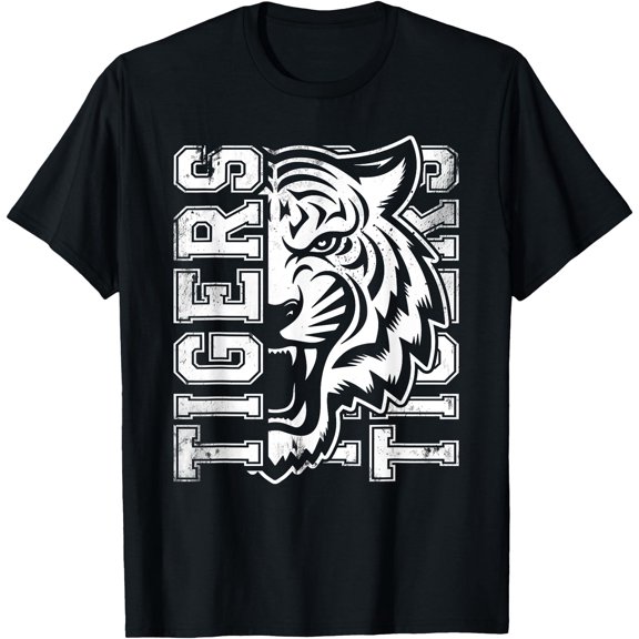 Vintage Tigers School Sports Fan Team Spirit Mascot Softstyle Unisex T-Shirt,Black Color,Size 2XL