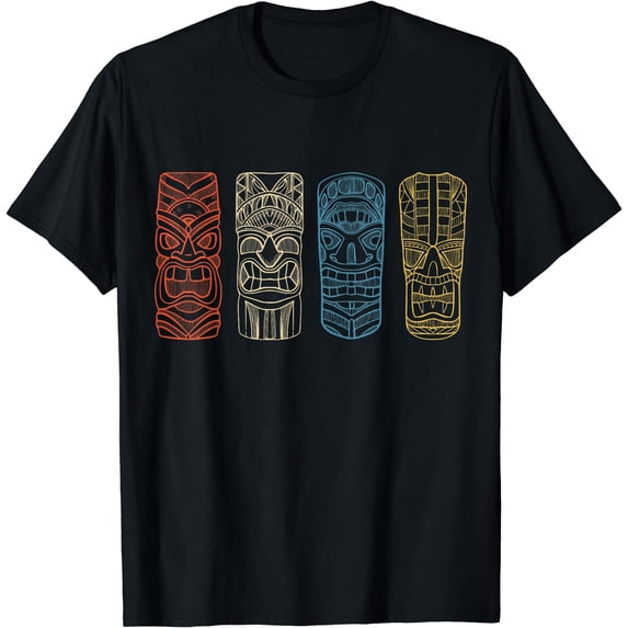 Vintage Tiki Hawaiian Polynesian Mask Four Totems Gift T-Shirt Black 4X-Large
