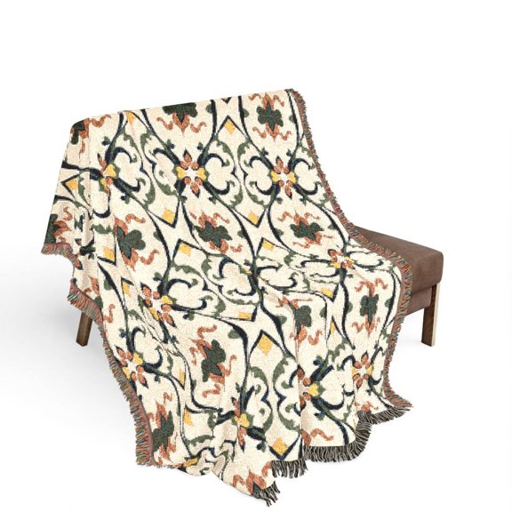 Vintage Tile Pattern Cream, Navy and Rust Woven Throw Blanket, 100% Cotton, Ornamental Style for Living Room