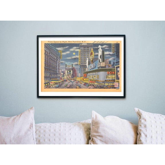 Vintage Times Square Night Boston Public Library New York Broadway, Unframed Paper Poster 8x10in