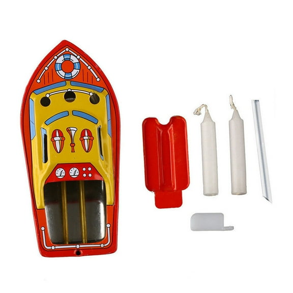 Vintage Tin Candle Boat Toy - Includes 1 Boat, 2 Candles, 1 Tray, 1 Tube, 1 Propeller, Nostalgic Decorative Accent, Creative Gift For Collectors, Kids, Home Decor Enthusiasts