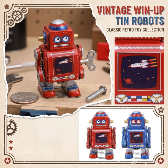 Vintage Tin Robot, Tin Wind Up Toys, 1950S Space Decor, Collectible Retro Toys, Clockwork Mechanism, 3.5X1.5X3 Inch Space Themed Metal Mechanical Figure with Included Wind Up Key