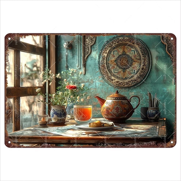 Vintage Tin Sign 12"x8" - Cozy Tea Time with Teapot and Floral Decor Art Flat Metal Tin Signs with 3D Effect - Retro Tin Sign for Tea Lovers - Wall Art for Kitchen/Cafe/Home - Gift for Tea Enthusiast