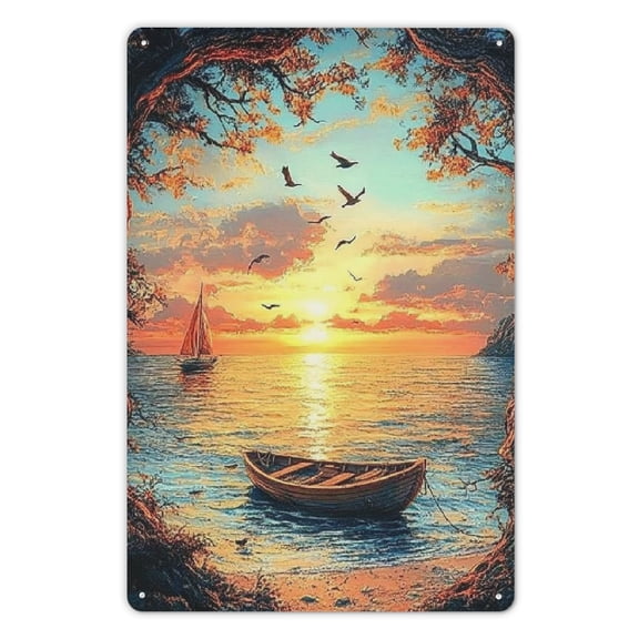 Vintage Tin Sign 12"x8" - Sunset Ocean View with Sailboat Flat Metal Tin Signs with2D Effect - Retro Tin Sign for Beach Lovers - Wall Art for Home/Office/Bar - Gift for Seascape and Sunset Enthusiasts