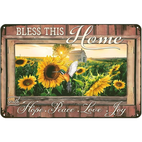 Vintage Tin Sign Bless This Home Inspirational Decoration Metal Sign Home Kitchen Bar Cafe Club Cave Wall Decor Sunflower Tin Sign Tin Signs for Garage 8x6 inch