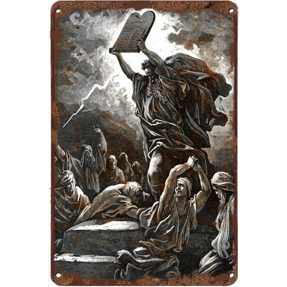 Vintage Tin Sign Gustave Dore Metal Sign Moses and The Ten Commandments Bible Story Metal Decor Vintage Art Poster Plaque Home Wall Decor Entryway Decor Gallery Wall Signs 12x8 Inch