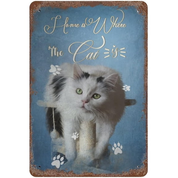 Vintage Tin Sign Home is Where The Cat is Quote Metal Tin Sign Gifts for Cat Lovers Pet Cat Sign, Kitty Sign, Animal Wall Art, Plaque Hanging Decor Housewarming Gift 11.8"x7.9"