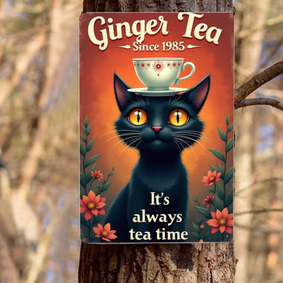 Vintage Tin Sign Metal Sign Funny Black Cat Tin Sign Ginger Tea It'S Always Tea Time Metal Sign Wall Decor For Home Cafe Bar Kitchen 12X8 In Birthday Gifts Men Women Father'S Day Graduation