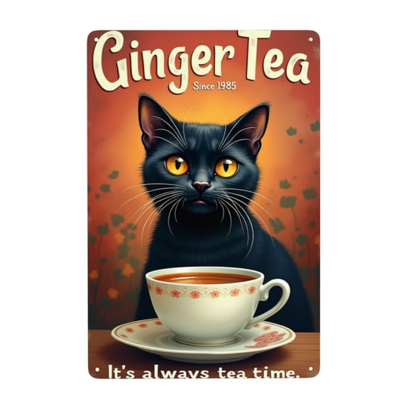 Vintage Tin Sign Metal Sign Funny Black Cat Tin Sign Ginger Tea It'S Always Tea Time Metal Sign Wall Decor For Home Cafe Bar Kitchen 12X8 In Birthday Gifts Men Women Father'S Day Graduation