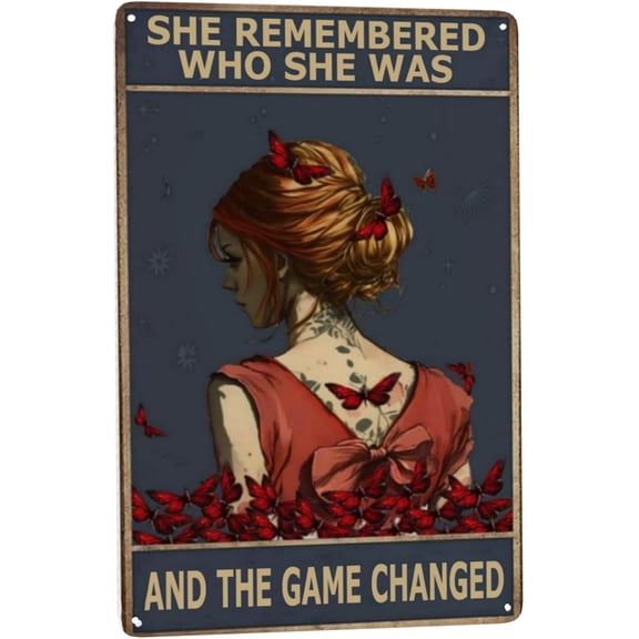 Vintage Tin Sign - She Remembered Who She Was - Boho Wall Art for Hippie Garden Decor, Funny Bathroom Sign, Retro Metal Gift - 8x12 inch for Romantic Aesthetic Room, Teen Girls, Veterans Day