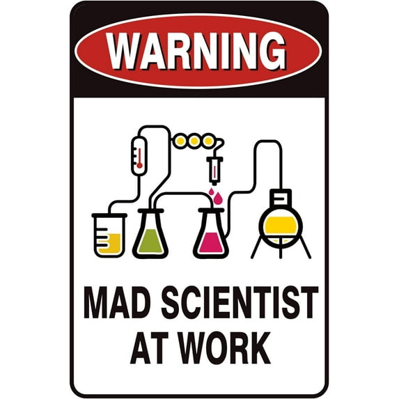 Vintage Tin Sign Retro Metal Funny Warning Mad Scientist At Work Signs for Home Decor Stylish Wall Art Plaques Gift for Bathroom Kitchen and Gothic Wall Decor in Every Room 12x8 in