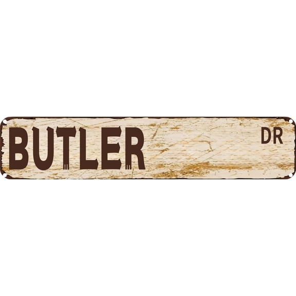 Vintage Tin Sign Retro Metal Wall Decor BUTLER DR Rustic Aluminum Plaque for Home,Bar,Kitchen,Garage,Man Cave 4x16 Inch
