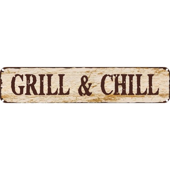 Vintage Tin Sign Retro Metal Wall Decor GRILL AND CHILL Rustic Aluminum Plaque for Home,Bar,Kitchen,Garage,Man Cave 4x16 Inch