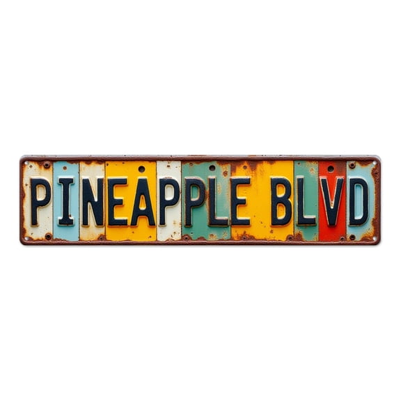 Vintage Tin Signs 16*4 inches "PINEAPPLE BLVD" Rustic Metal Art Colorful Striped