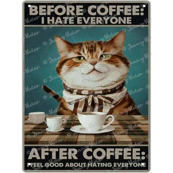 Vintage Tin Signs Cat Before Coffee I Hate Everyone Vintage Wall Decor Retro Art Tin Sign Funny Decorations for Home Bar Pub Cafe Farm Room Metal Poster Housewarming Gift 12x16 inch