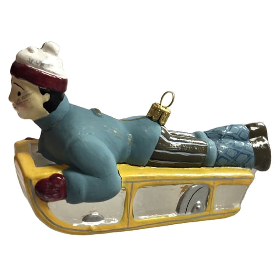 Vintage Tin Toy Look Sledding Boy Polish Glass Christmas Tree Ornament Poland