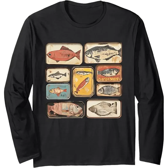 Vintage Tinned Fish Art Seafood Lover Unisex Long Sleeve Graphic T-Shirt