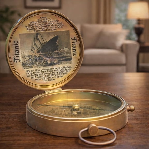 Vintage Titanic Brass Pocket Compass  Antique Nautical Maritime Collectible Gift with Engraved Lid