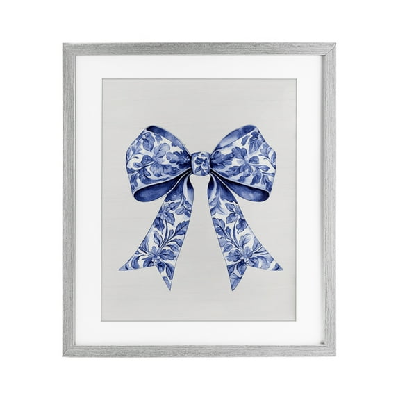 Vintage Toile Flower Ribbon Gray Framed Print Under Glass, design by Lettered and Lined