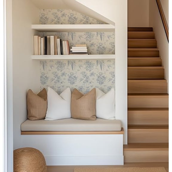 Vintage Toile French Country Fabric Peel and Stick Wallpaper - Blue and White Self-Adhesive Wallpaper for Bedroom, Living Room, Bathroom, Accent Wall - Works on Textured Wall and Easy Installation