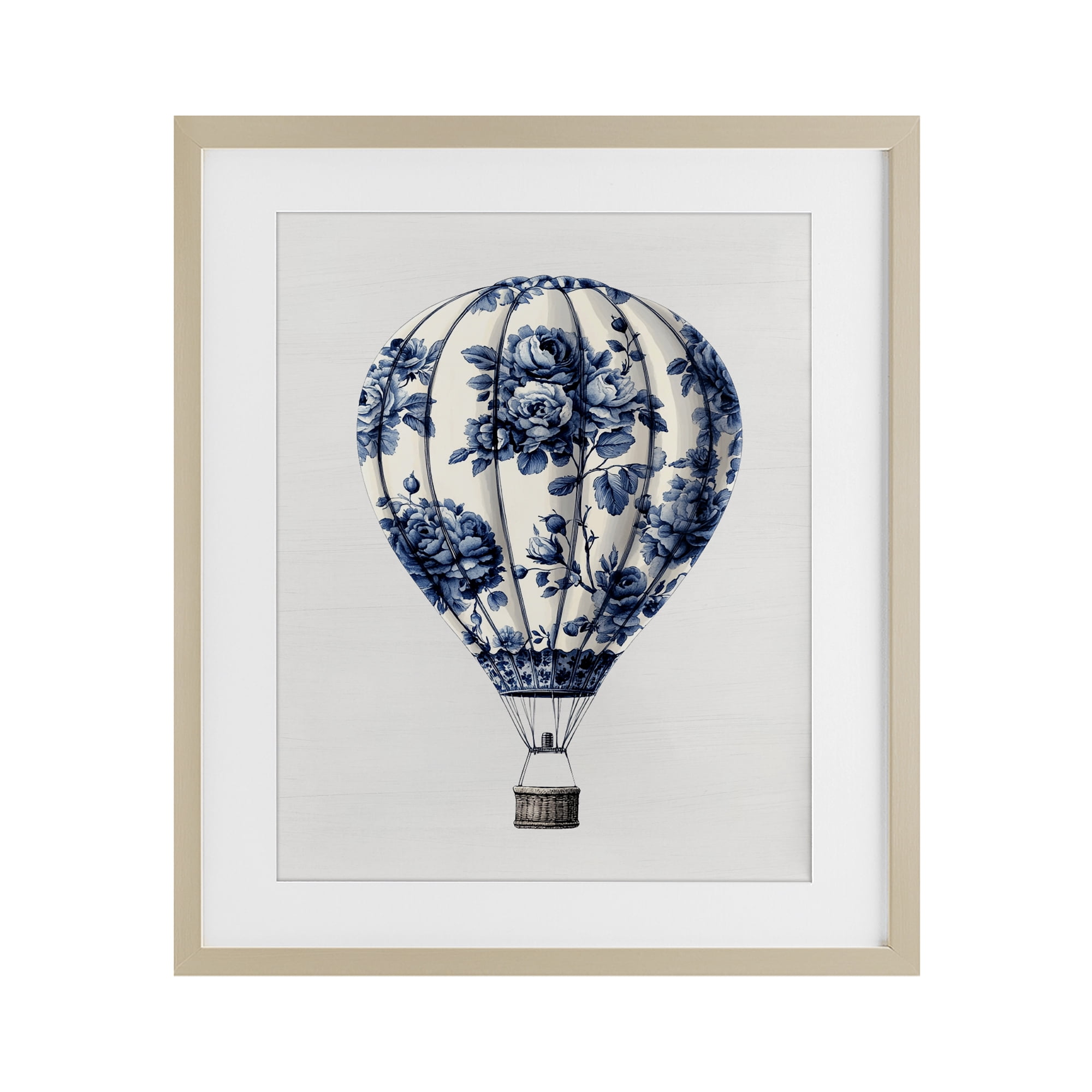 Vintage Toile Hot Air Balloon Birch Framed Print Under Glass, design by Lettered and Lined