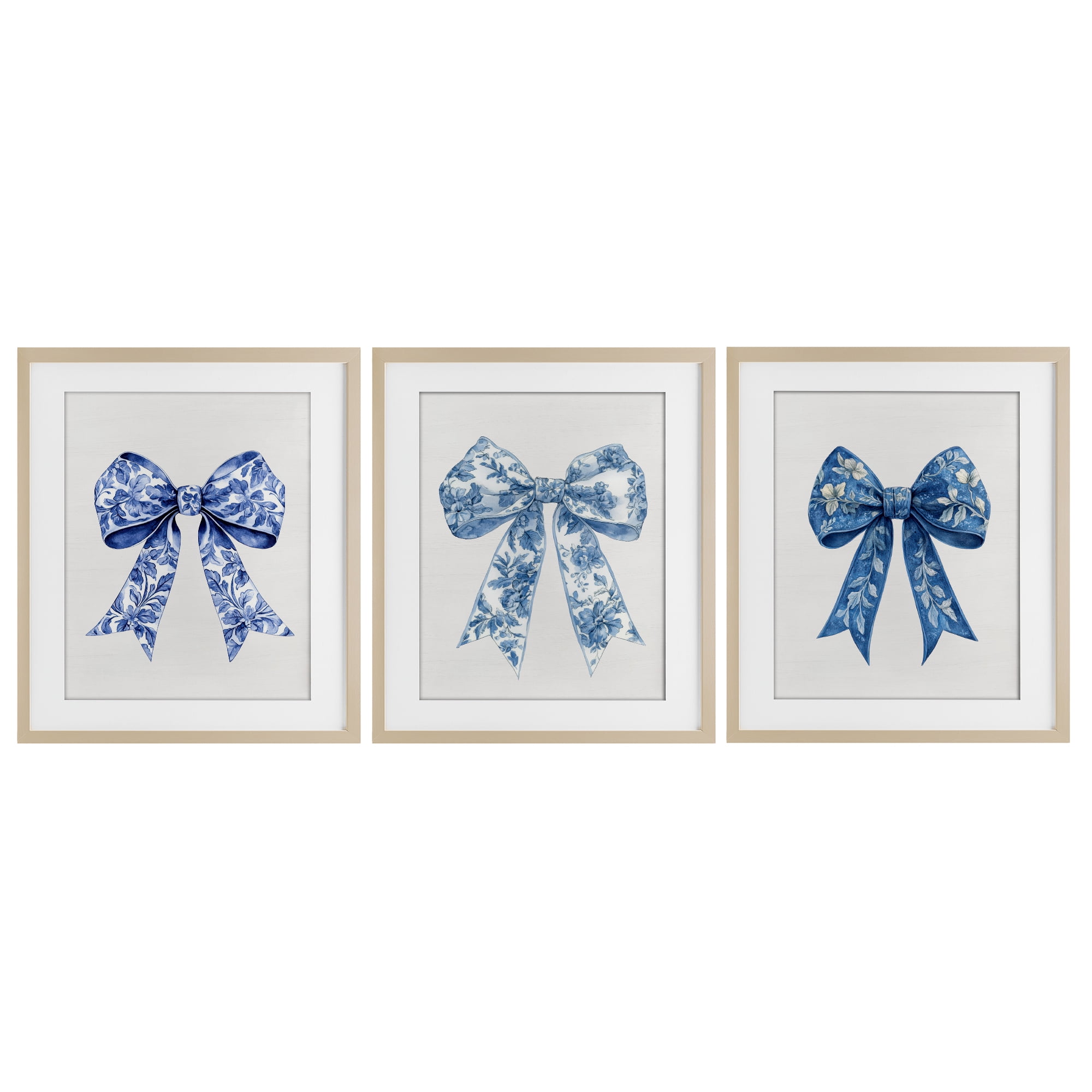 Vintage Toile Pattern Bows 3 Piece Birch Framed Print Under Glass Set, design by Lettered and Lined