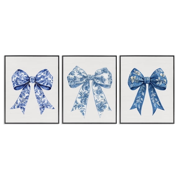 Vintage Toile Pattern Bows 3 Piece Black Framed Giclee Art Set, design by Lettered and Lined