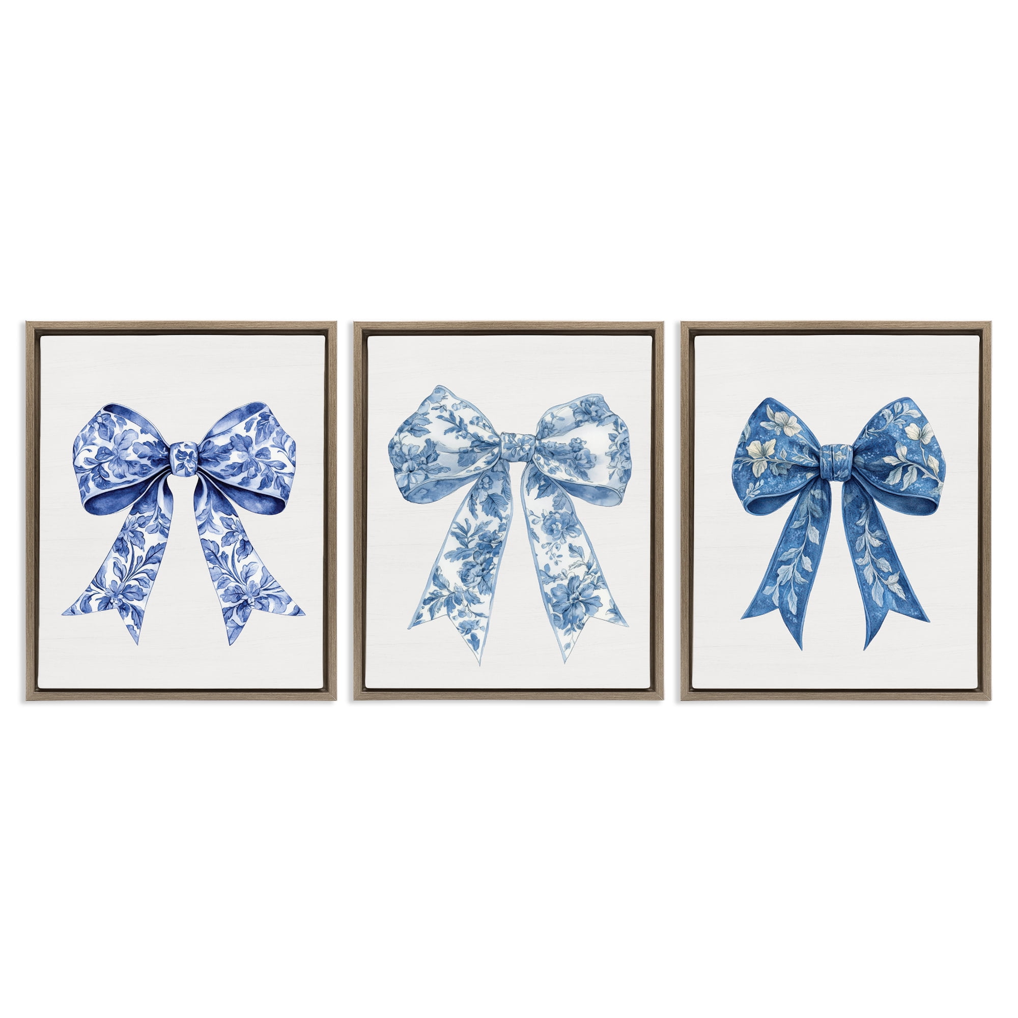 Vintage Toile Pattern Bows 3 Piece Brown Framed Floater Canvas Set, design by Lettered and Lined