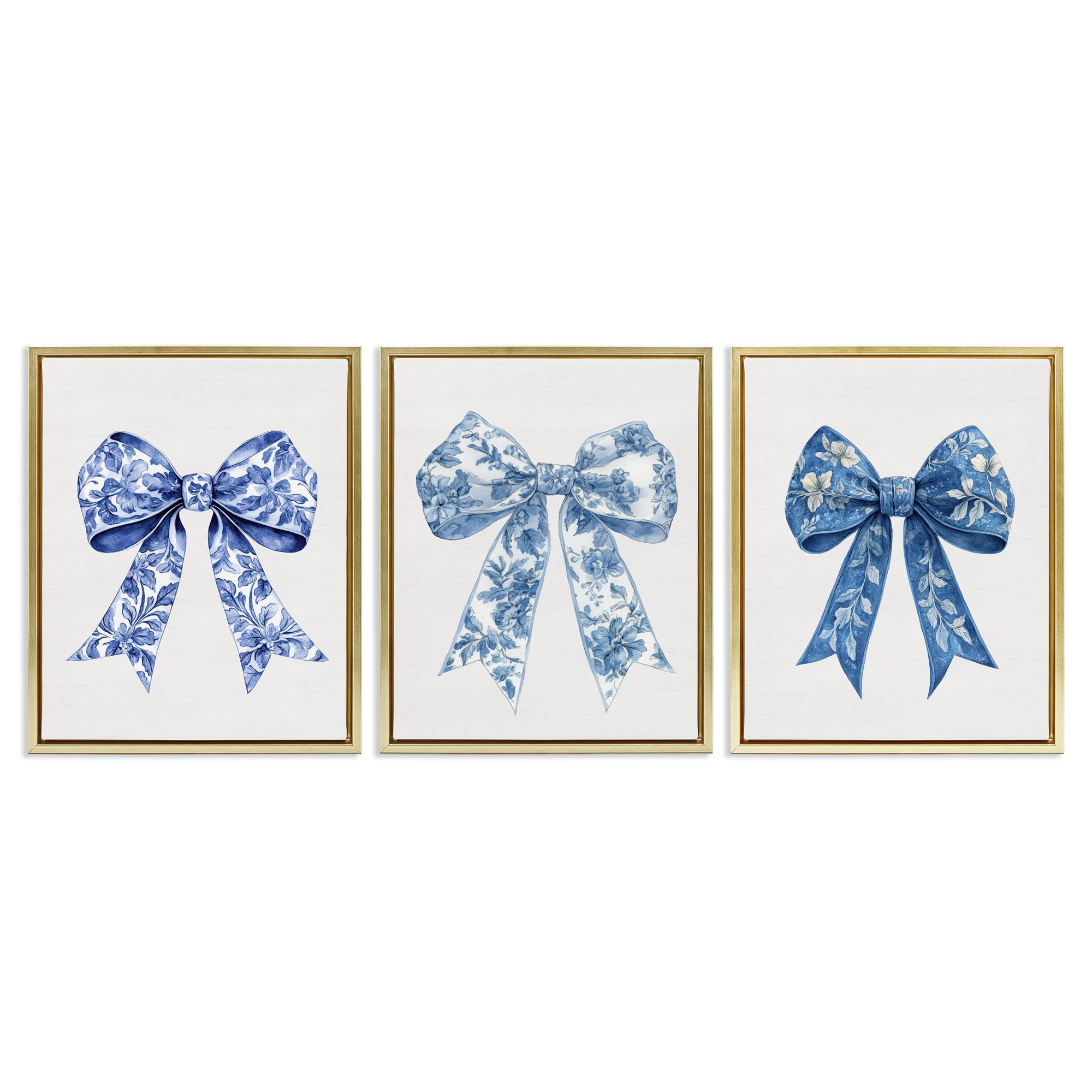 Vintage Toile Pattern Bows 3 Piece Gold Framed Floater Canvas Set, design by Lettered and Lined