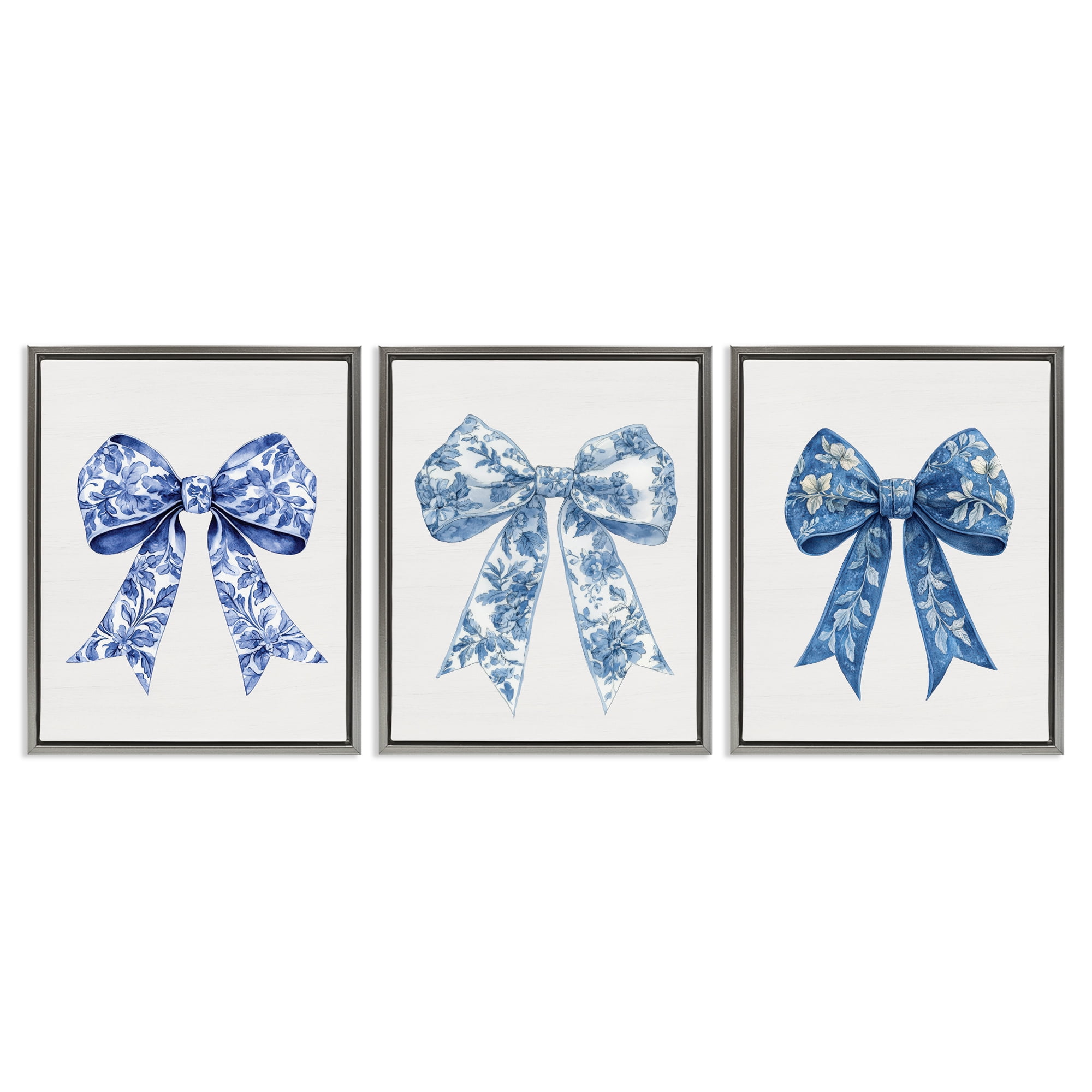 Vintage Toile Pattern Bows 3 Piece Gray Framed Floater Canvas Set, design by Lettered and Lined