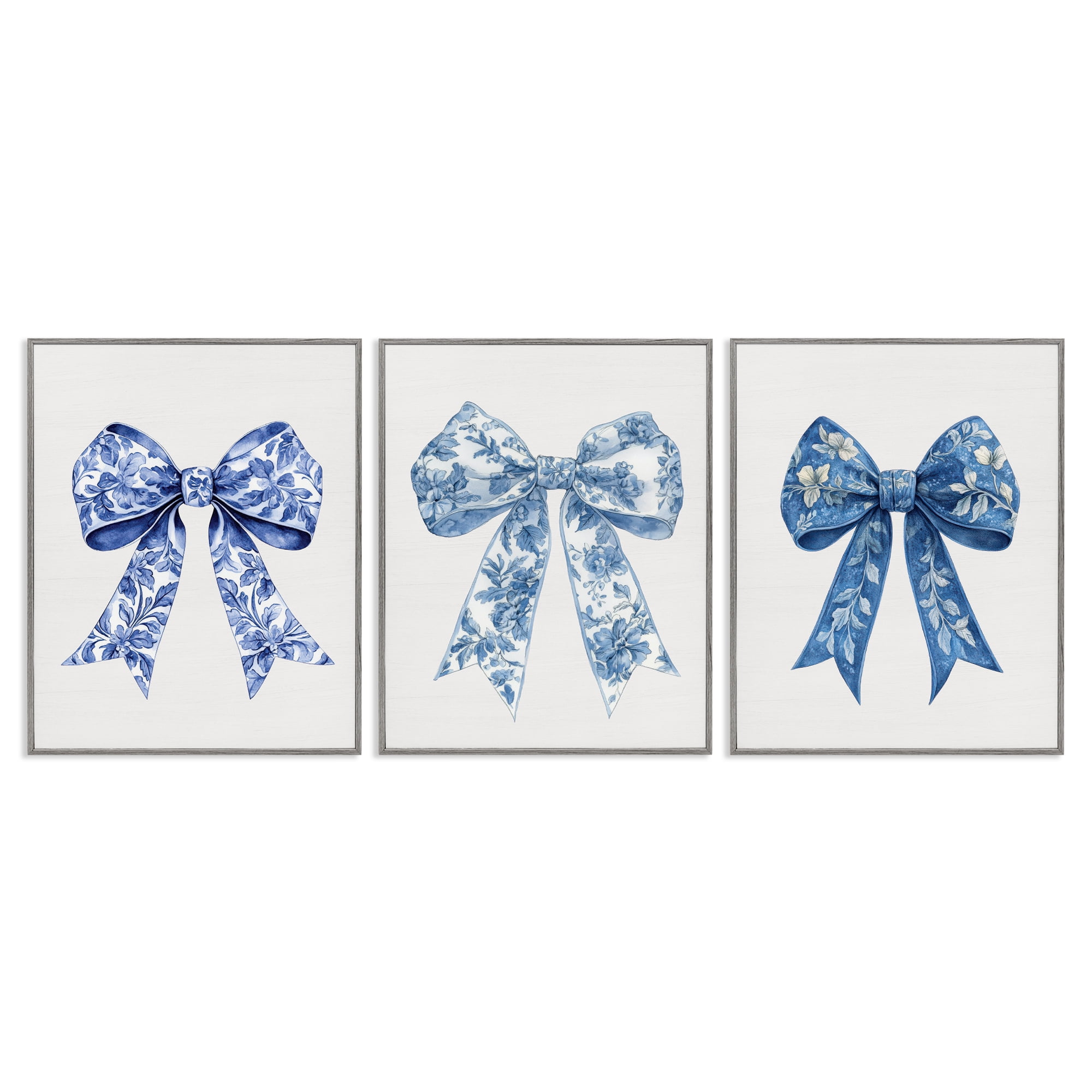 Vintage Toile Pattern Bows 3 Piece Gray Framed Giclee Art Set, design by Lettered and Lined
