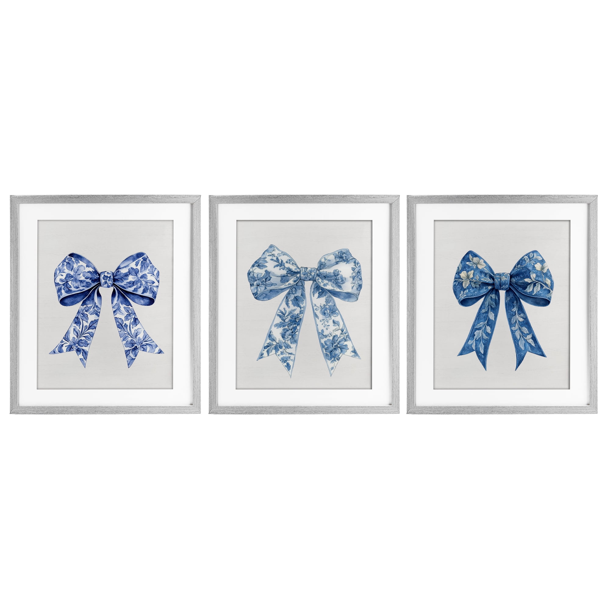 Vintage Toile Pattern Bows 3 Piece Gray Framed Print Under Glass Set, design by Lettered and Lined