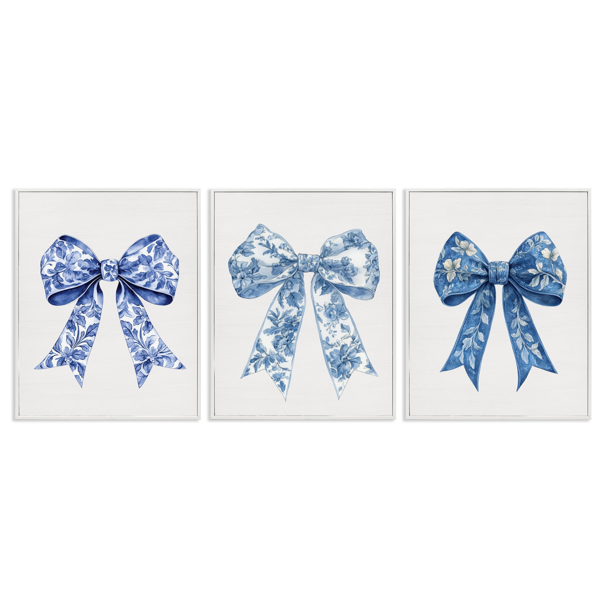 Vintage Toile Pattern Bows 3 Piece White Framed Giclee Art Set, design by Lettered and Lined