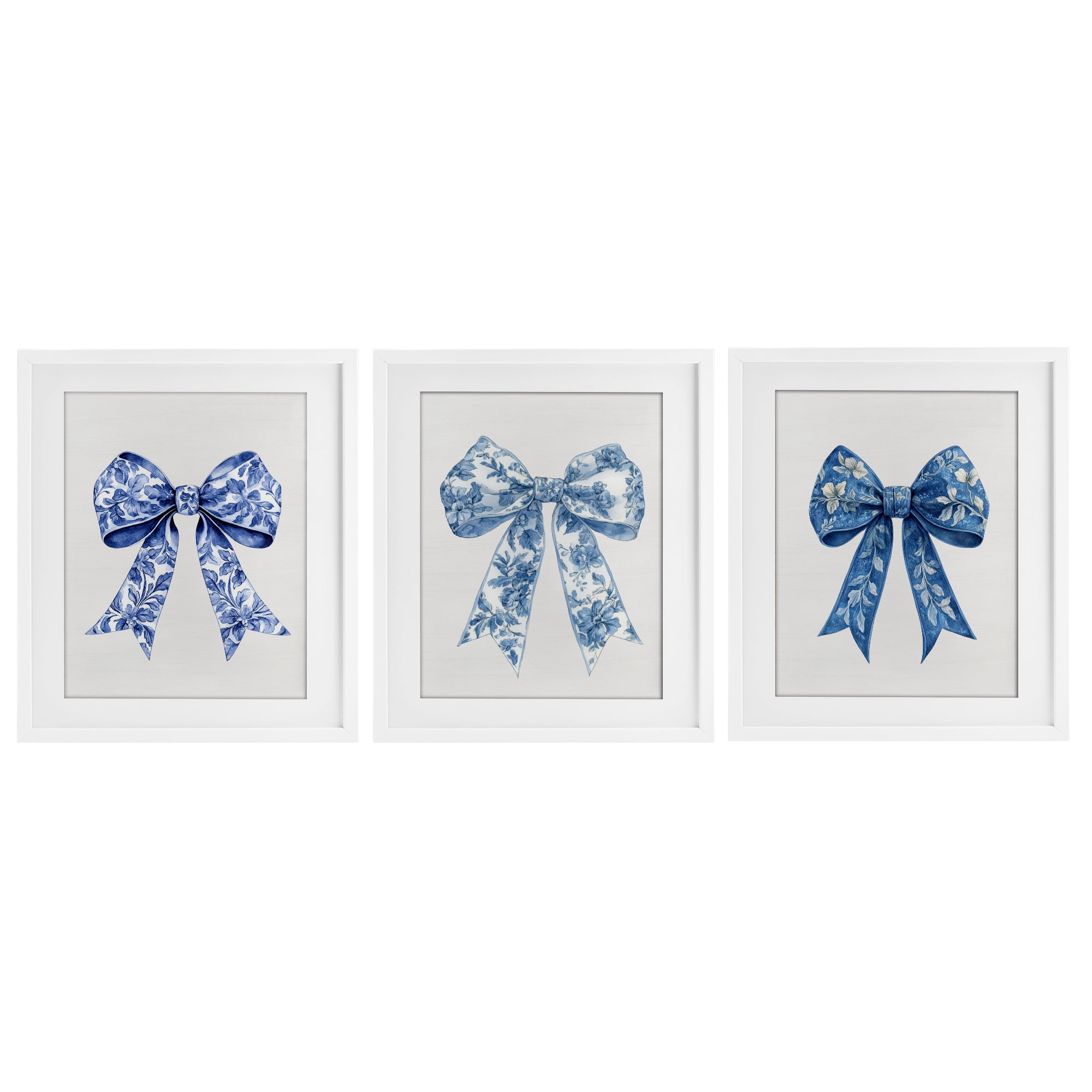 Vintage Toile Pattern Bows 3 Piece White Framed Print Under Glass Set, design by Lettered and Lined