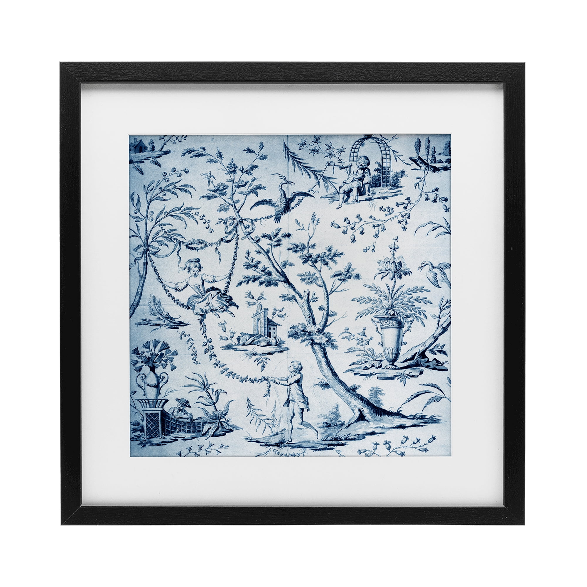 Vintage Toile Scene Black Framed Print Under Glass, design by Vintage Hustle