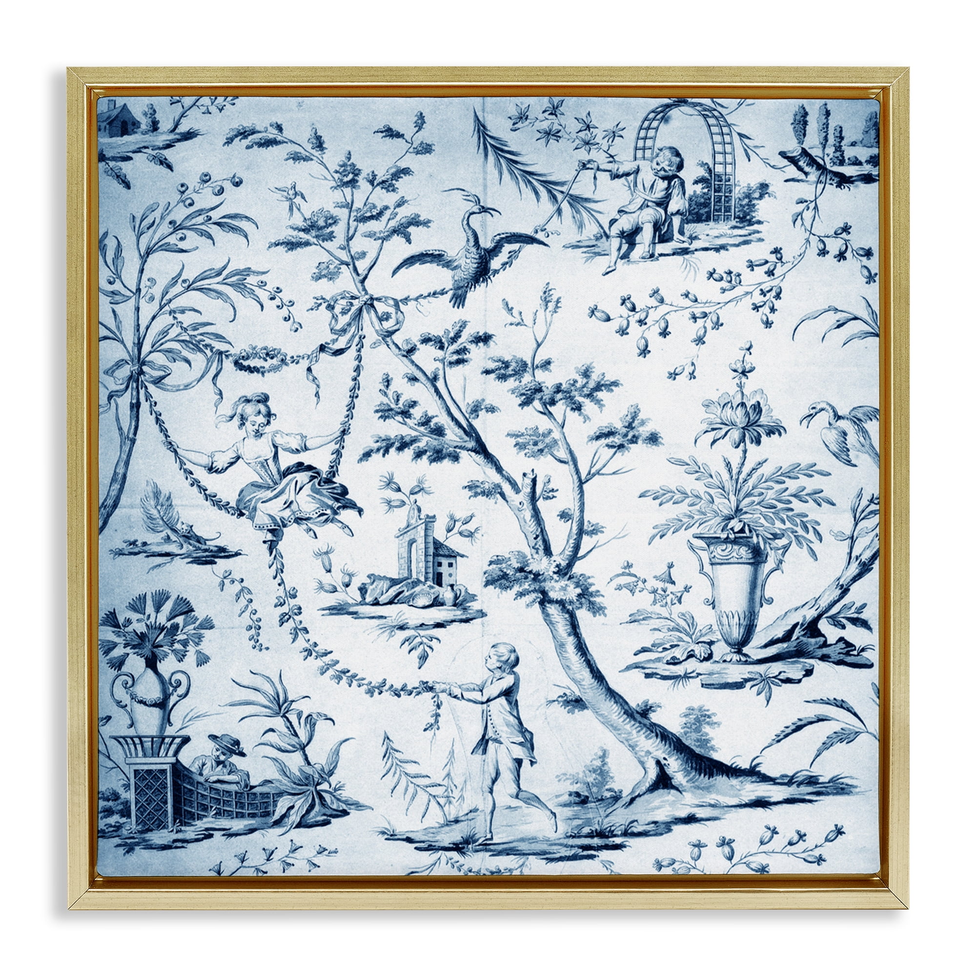 Vintage Toile Scene Gold Framed Floater Canvas Wall Art, design by Vintage Hustle