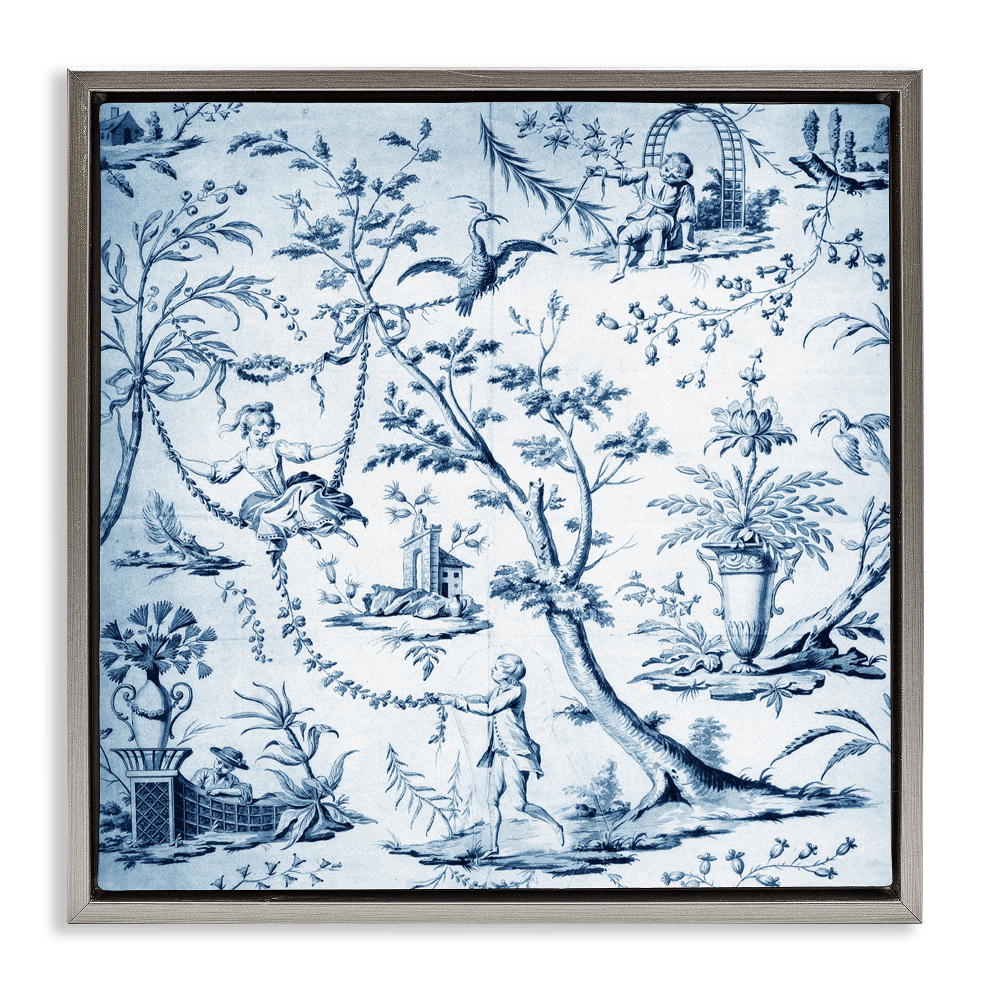 Vintage Toile Scene Gray Framed Floater Canvas Wall Art, design by Vintage Hustle
