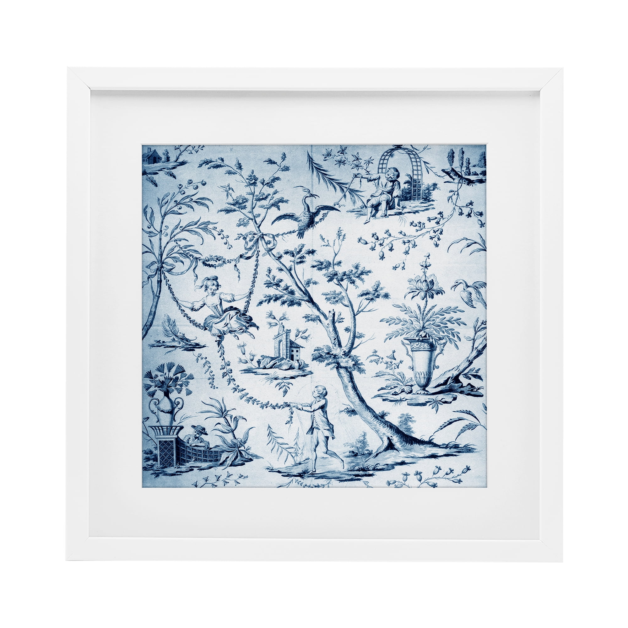 Vintage Toile Scene White Framed Print Under Glass, design by Vintage Hustle