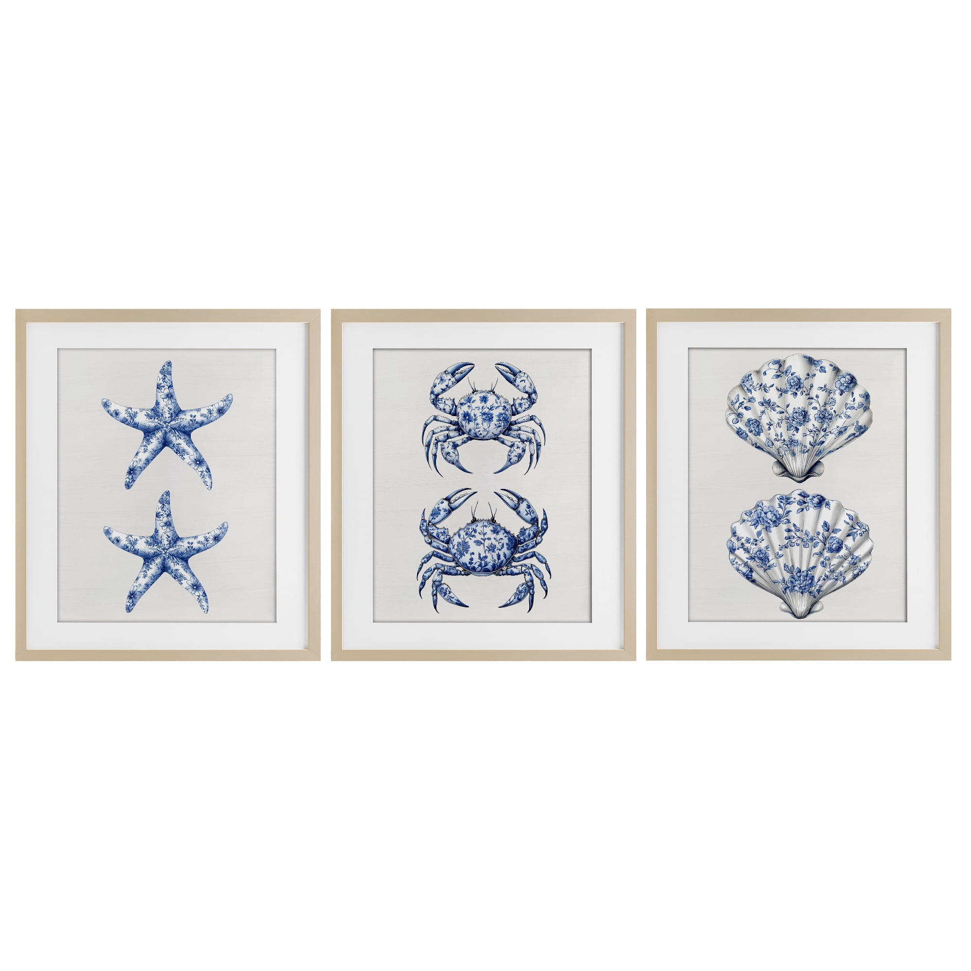 Vintage Toile Starfish & Crabs 3 Piece Birch Framed Print Under Glass Set, design by Lettered and Lined