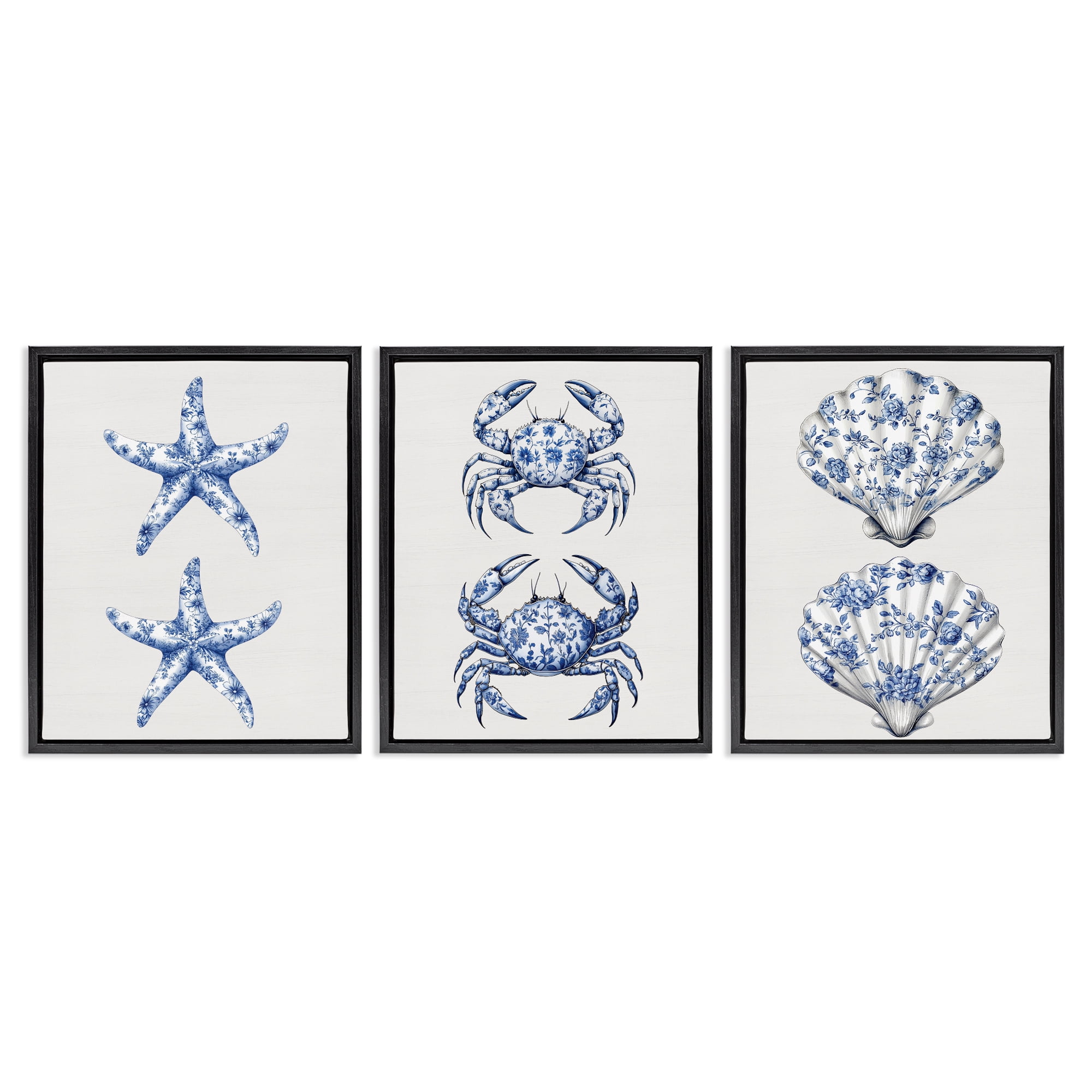Vintage Toile Starfish & Crabs 3 Piece Black Framed Floater Canvas Set, design by Lettered and Lined