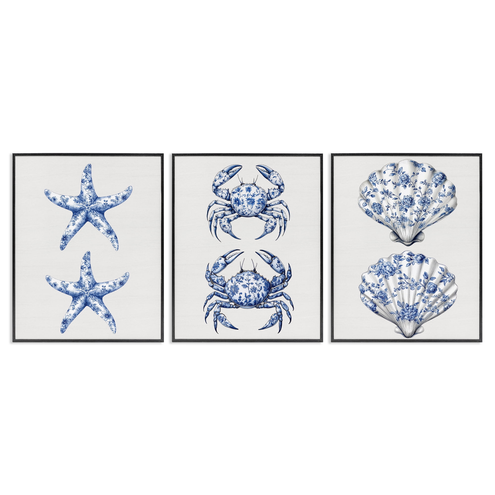 Vintage Toile Starfish & Crabs 3 Piece Black Framed Giclee Art Set, design by Lettered and Lined