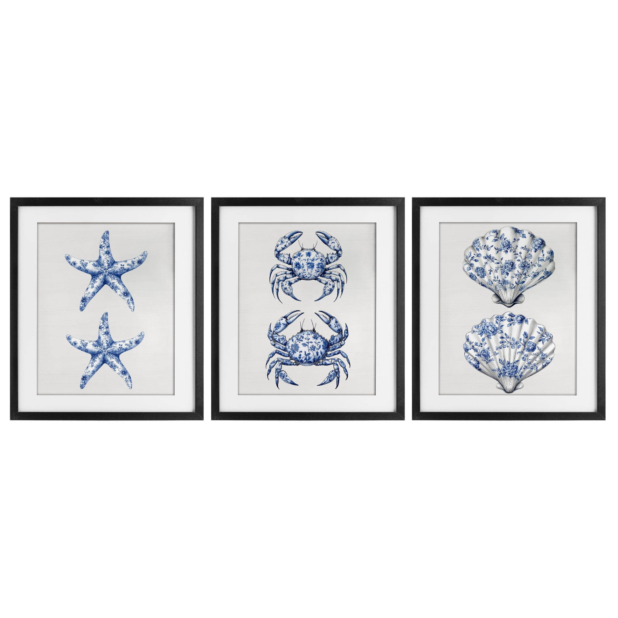 Vintage Toile Starfish & Crabs 3 Piece Black Framed Print Under Glass Set, design by Lettered and Lined