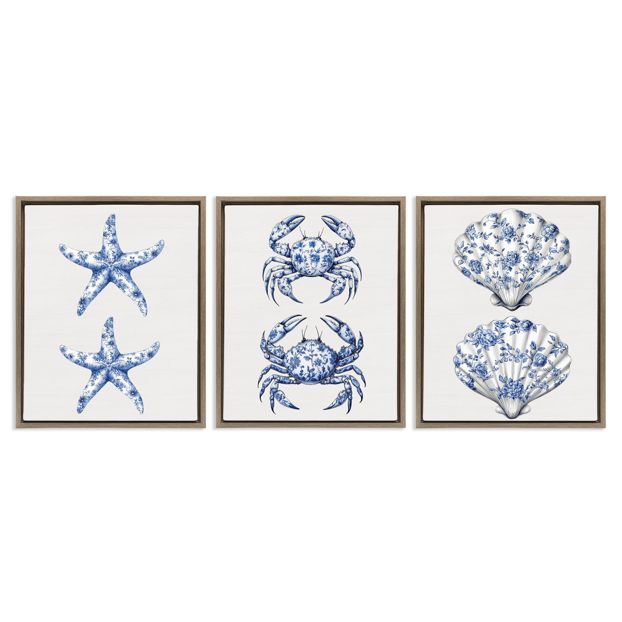 Vintage Toile Starfish & Crabs 3 Piece Brown Framed Floater Canvas Set, design by Lettered and Lined