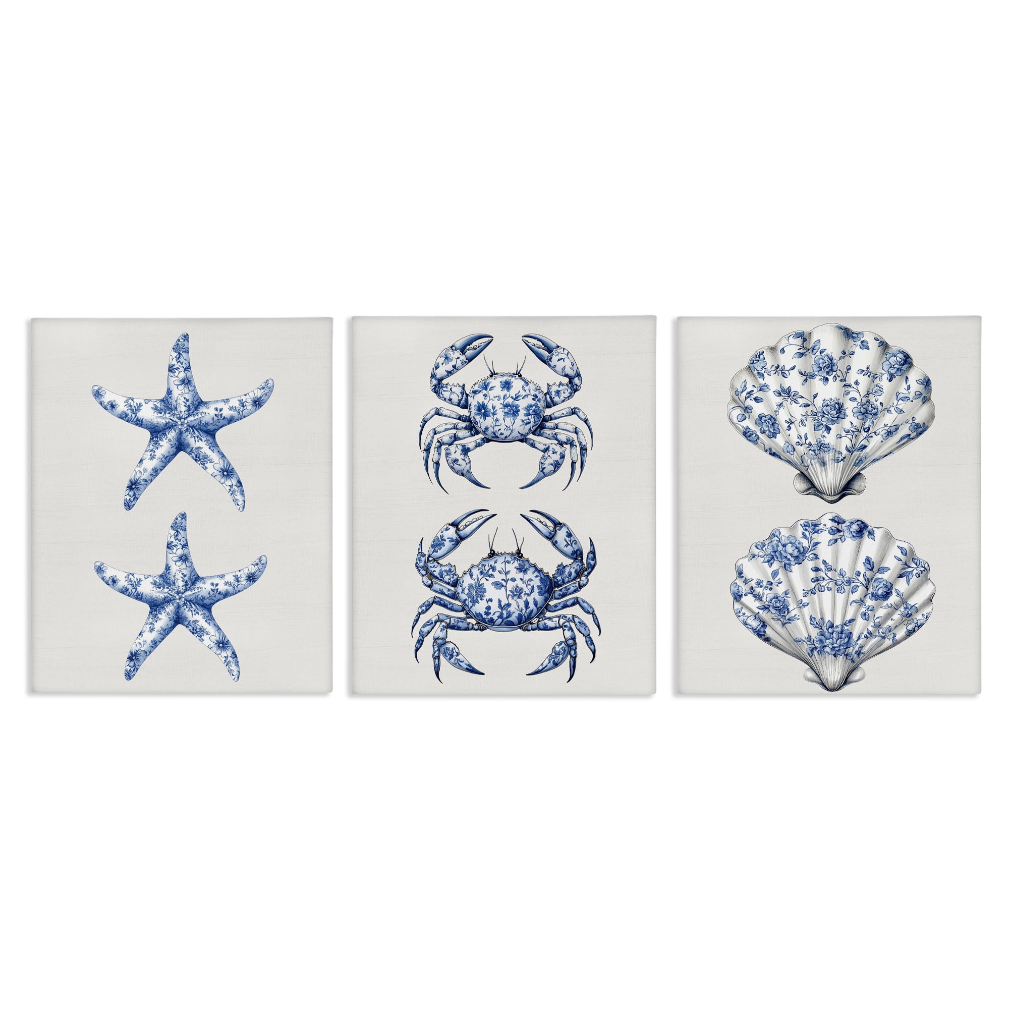 Vintage Toile Starfish & Crabs 3 Piece Canvas Wall Art Set, design by Lettered and Lined