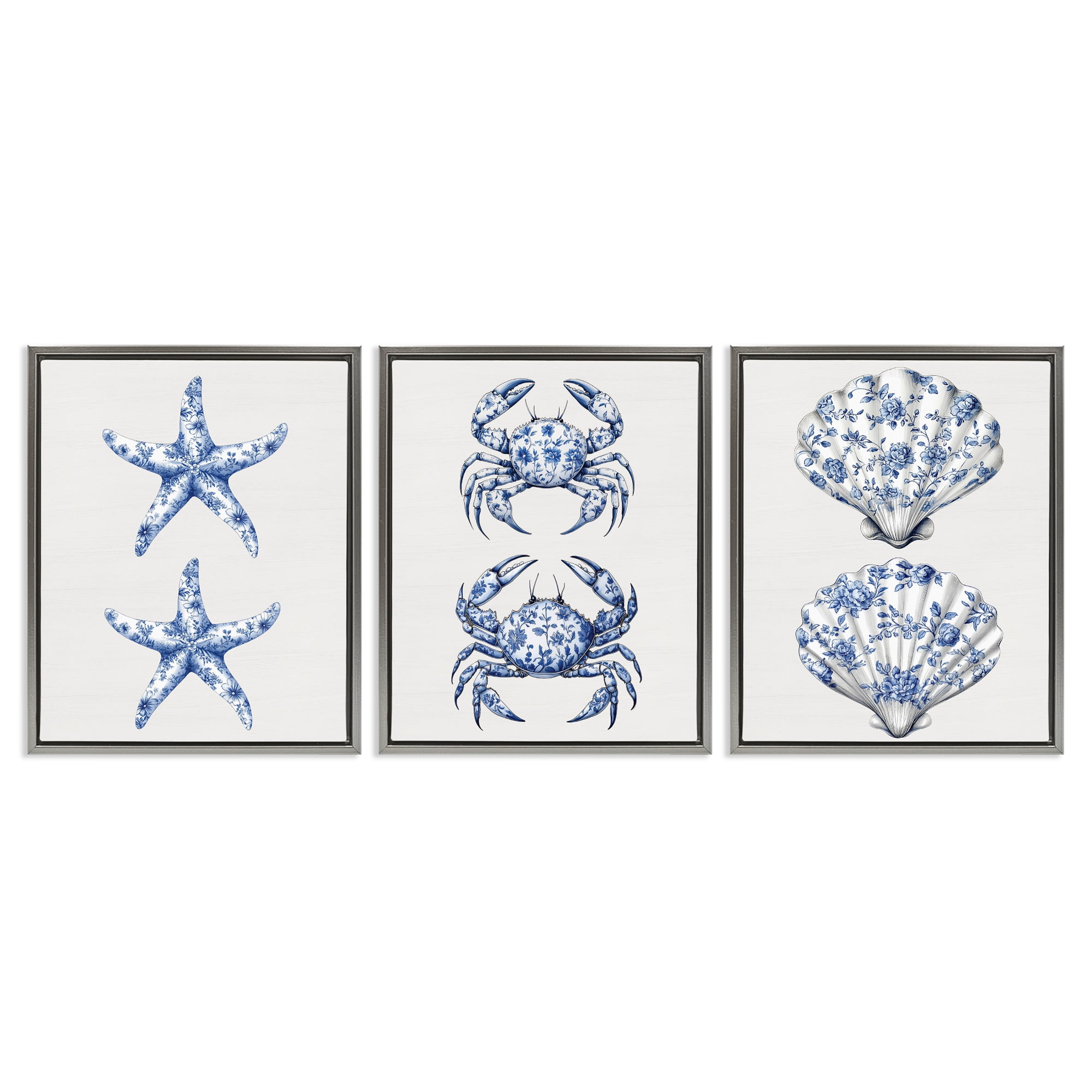 Vintage Toile Starfish & Crabs 3 Piece Gray Framed Floater Canvas Set, design by Lettered and Lined