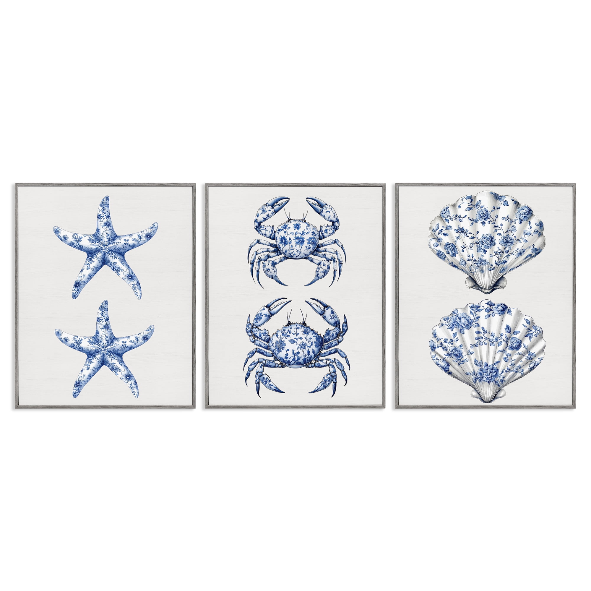 Vintage Toile Starfish & Crabs 3 Piece Gray Framed Giclee Art Set, design by Lettered and Lined